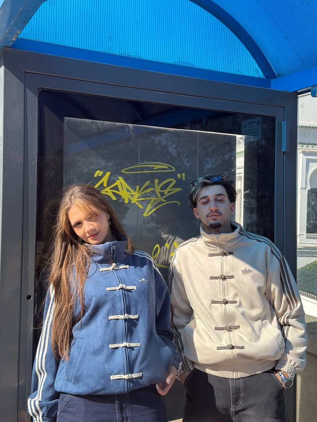 Adidas Chinese New Year Tang jacket couple styling blue and beige - Streetbred matching streetwear