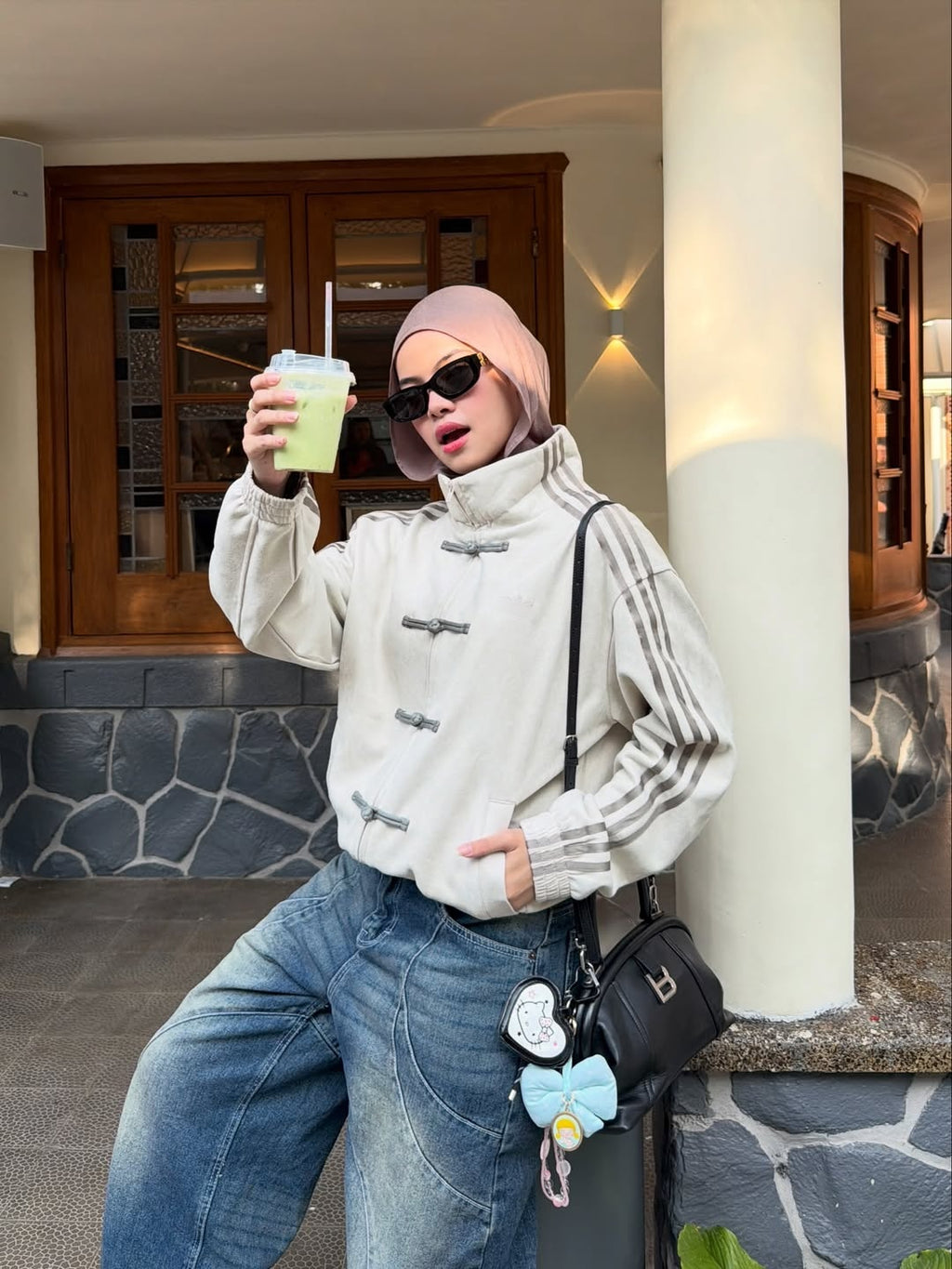 Beige Adidas Chinese New Year Tang jacket modest streetwear styling - Streetbred collection