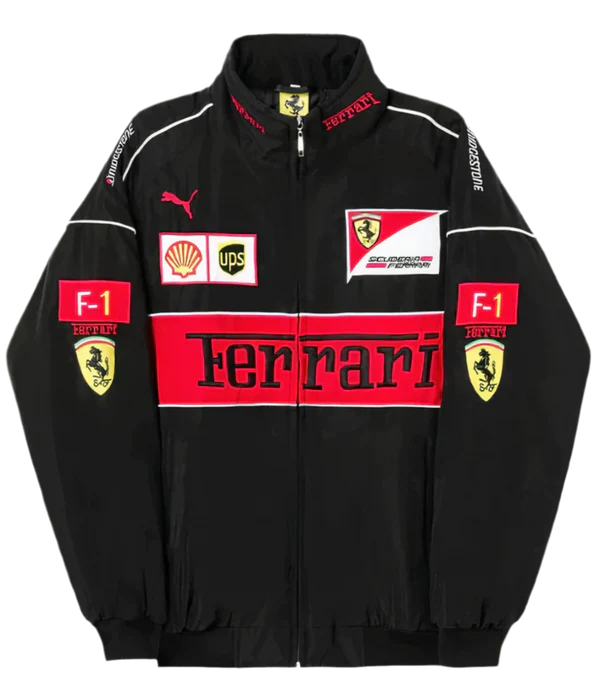 Black Ferrari Embroidered Jacket – Racing Streetwear