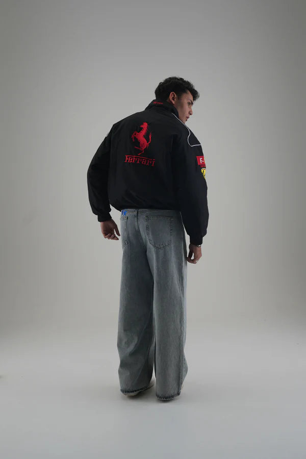 Black Ferrari Embroidered Jacket – Racing Streetwear