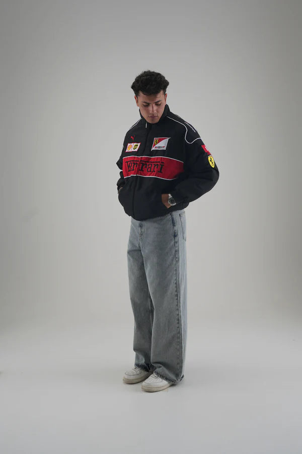 Black Ferrari Embroidered Jacket – Racing Streetwear