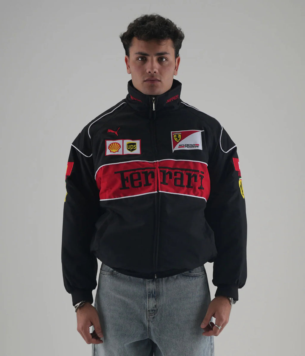 Black Ferrari Embroidered Jacket – Racing Streetwear