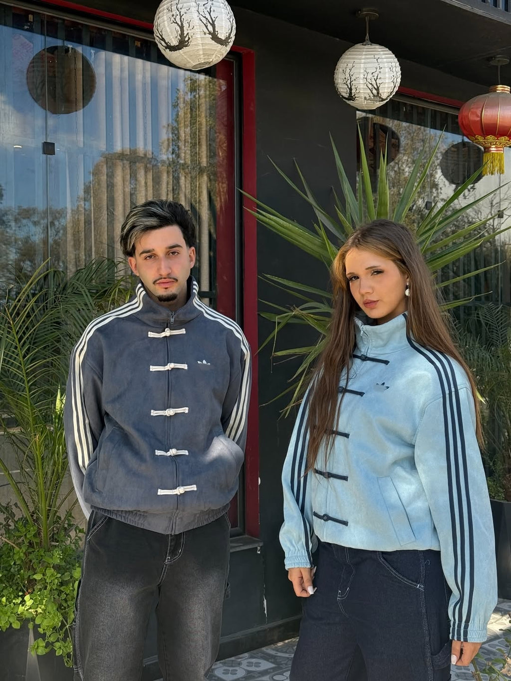 Grey and light blue Adidas Chinese New Year Tang jacket couple streetwear - Streetbred India