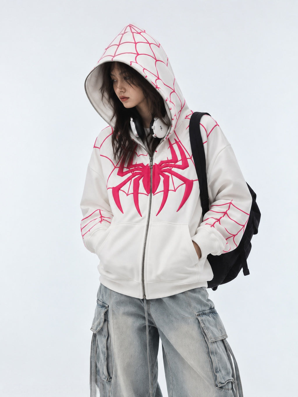 White Spiderman Full Zip-Up Hoodie | Oversized BAPE Style | Streetbred