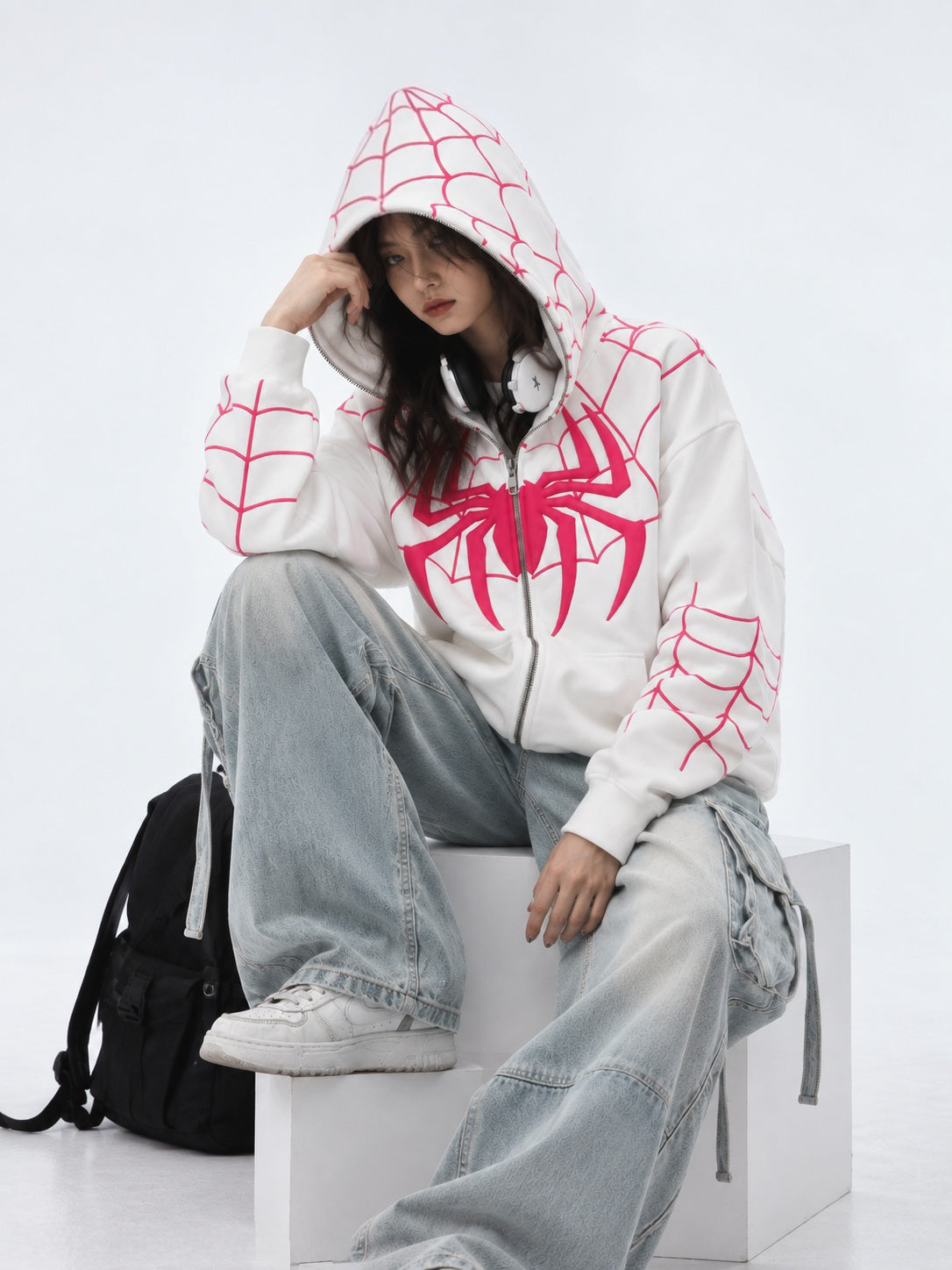 White Spiderman Full Zip-Up Hoodie | Oversized BAPE Style | Streetbred