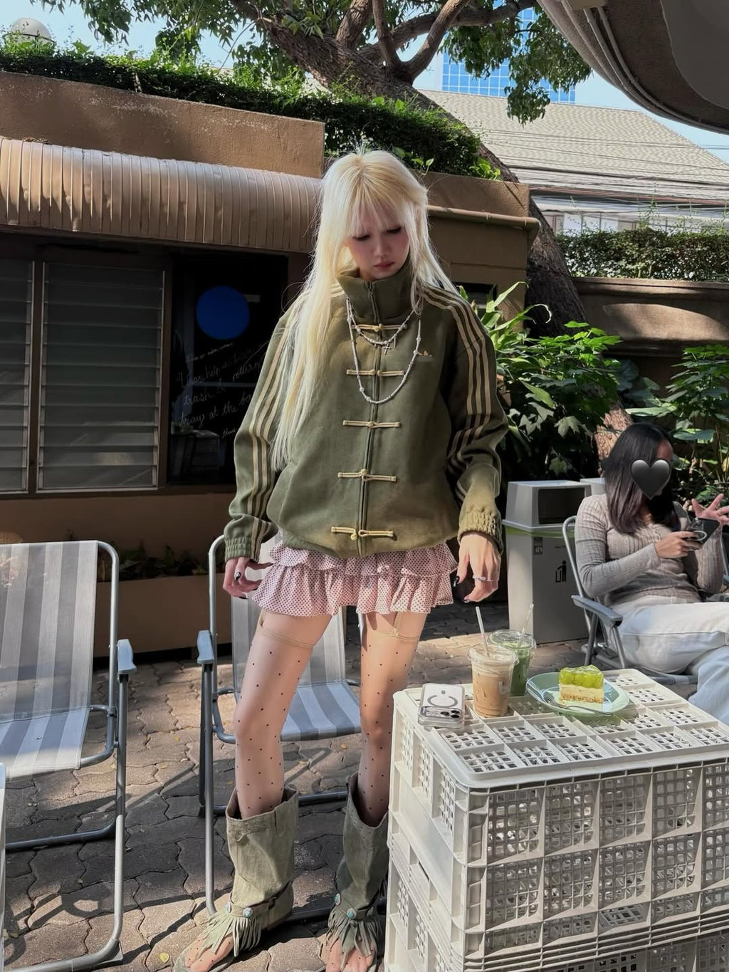 Olive green Adidas Chinese New Year Tang jacket with three stripes - Streetbred streetwear