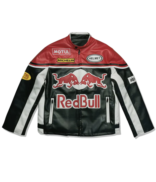 Black leather jacket with Red Bull logo and branding on a white background