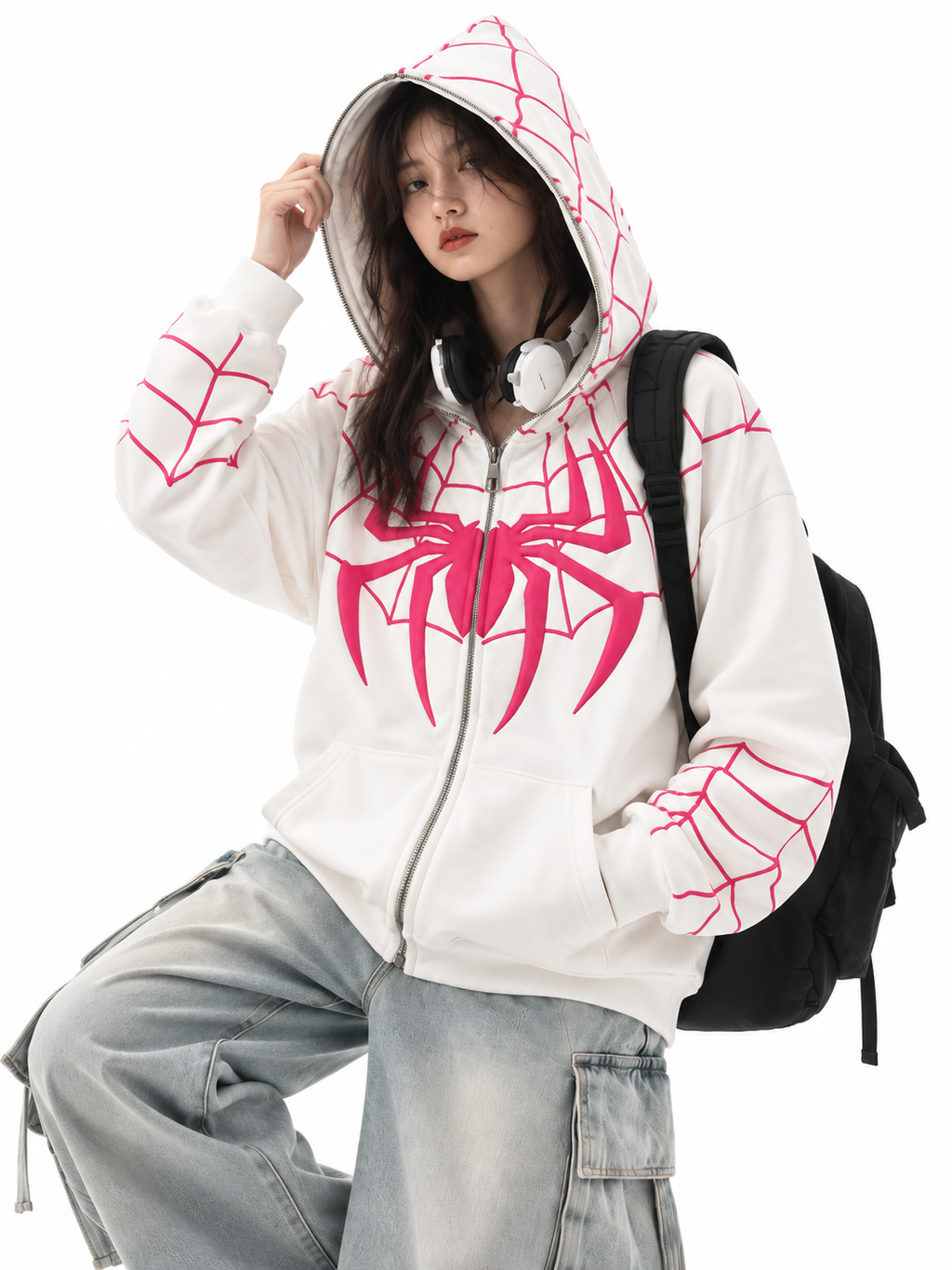 White Spiderman Full Zip-Up Hoodie | Oversized BAPE Style | Streetbred