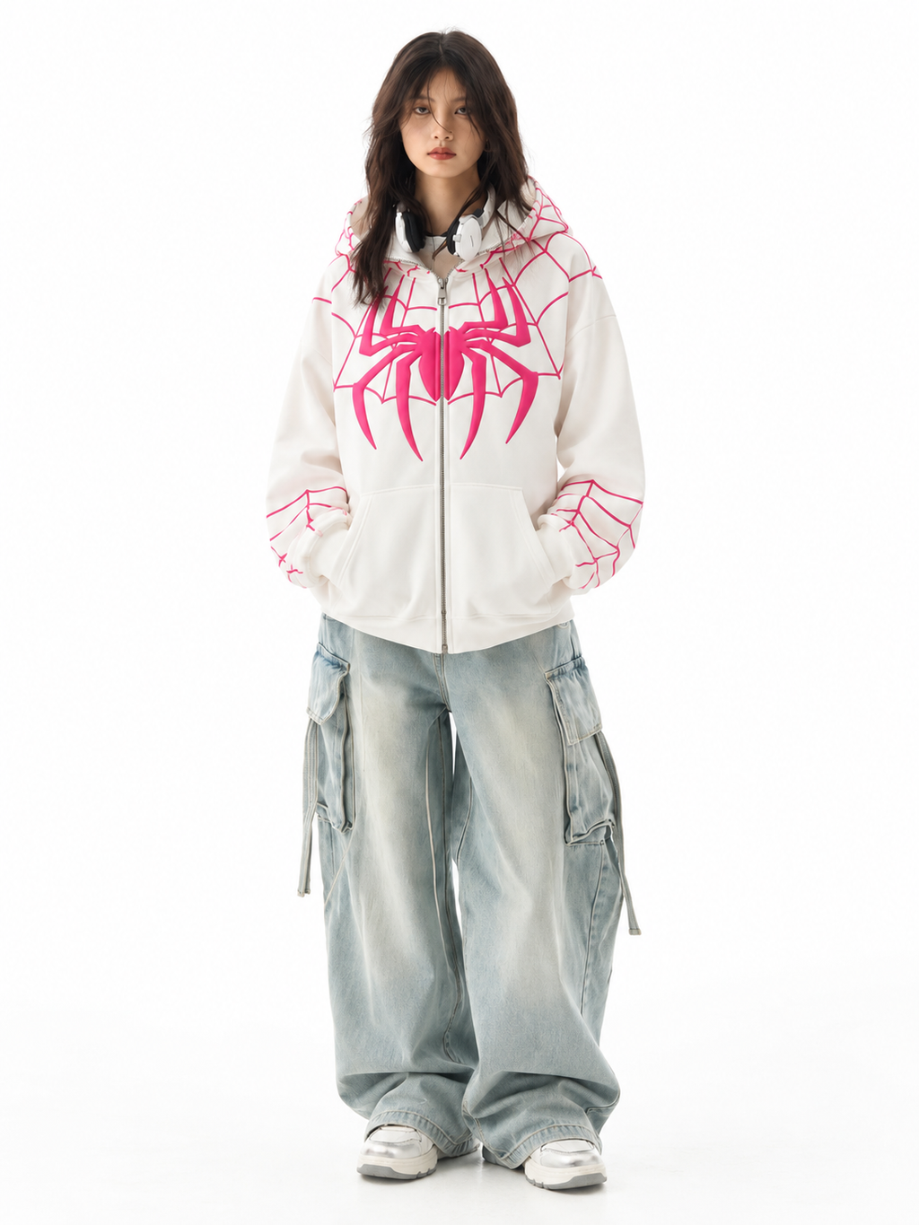 White Spiderman Full Zip-Up Hoodie | Oversized BAPE Style | Streetbred