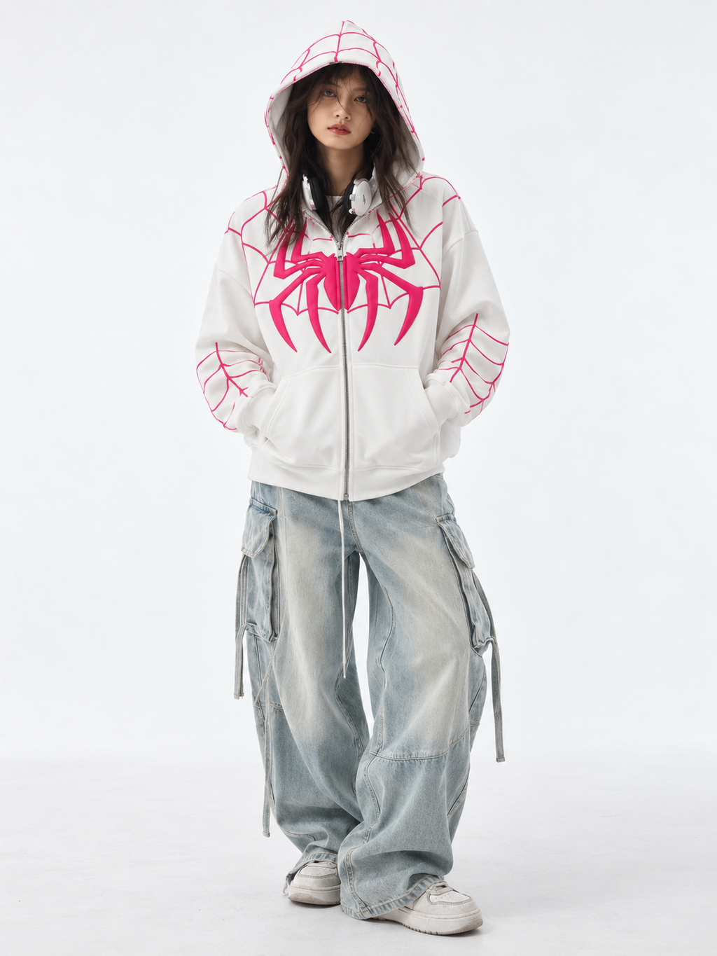 White Spiderman Full Zip-Up Hoodie | Oversized BAPE Style | Streetbred
