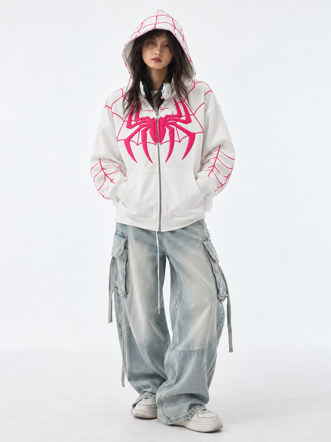 White Spiderman Full Zip-Up Hoodie | Oversized BAPE Style | Streetbred