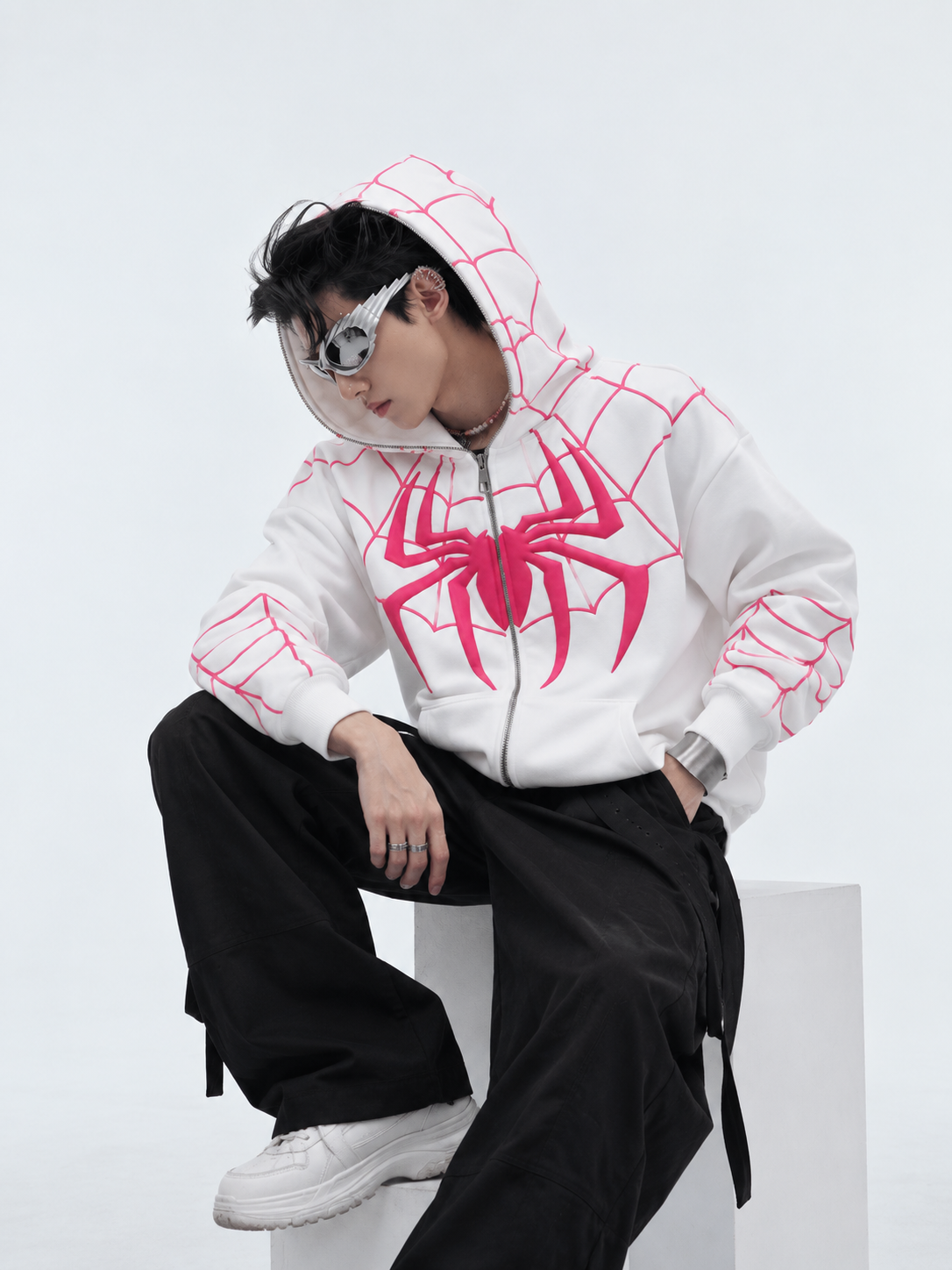 White Spiderman Full Zip-Up Hoodie | Oversized BAPE Style | Streetbred