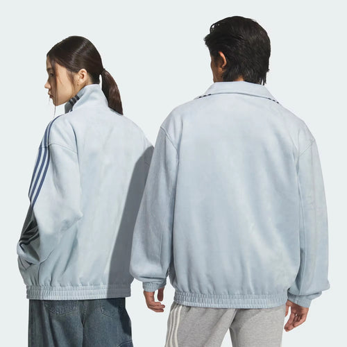 Back view of oversized sky blue Adidas track jacket with mandarin collar