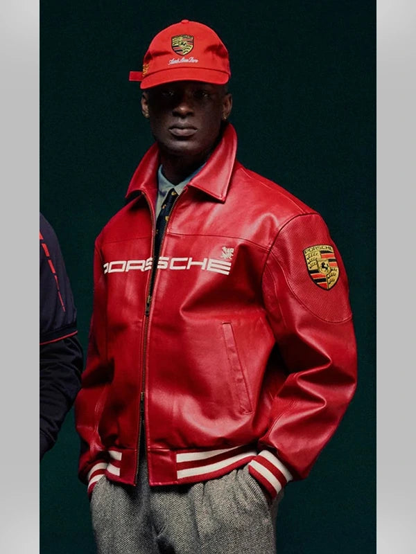 Oversized fit of the Red Porsche Racing Jacket on a male model Y2K aesthetic