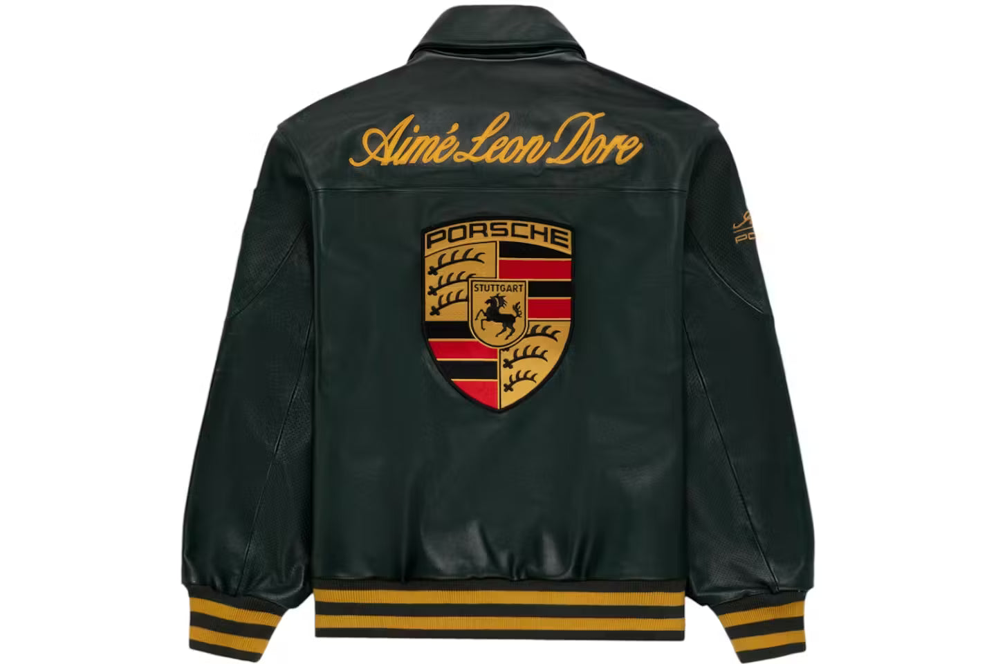 Detailed back view of the oversized PU faux leather F1 racing bomber. Showcases the massive multi-colored Porsche shield crest, large PORSCHE lettering, and Aime Leon Dore branding heavily embroidered directly into the vintage aesthetic unisex green leather.