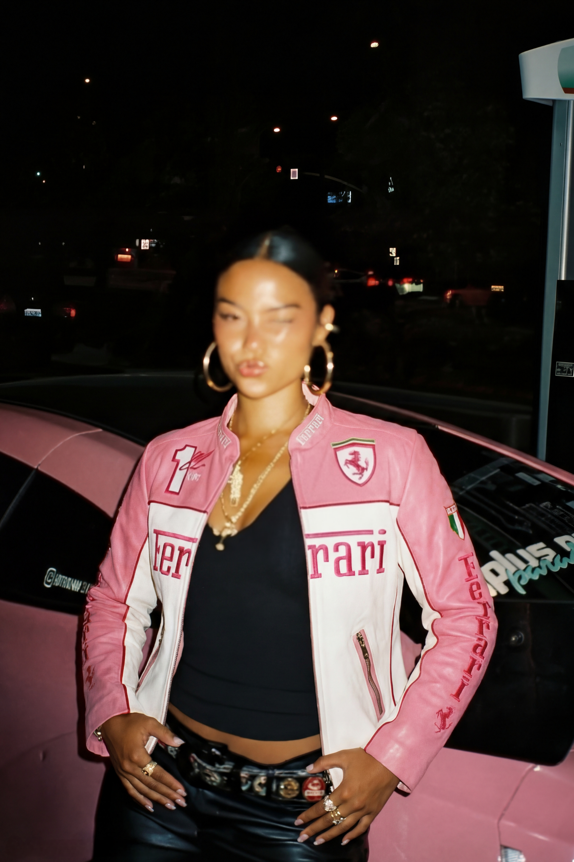 Front view of the Womens Baby Pink Racing Jacket by Streetbred, highlighting the clean folded bottom hem without elastic for a modern drape.