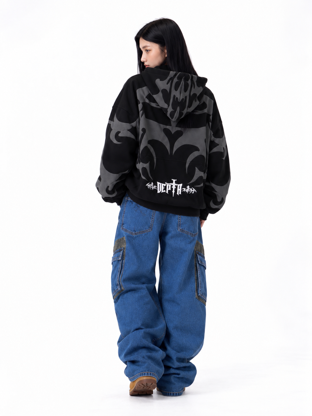 Back view of the black Depth hoodie, focusing on the premium high-density 3D puff print graphics across the heavy fleece