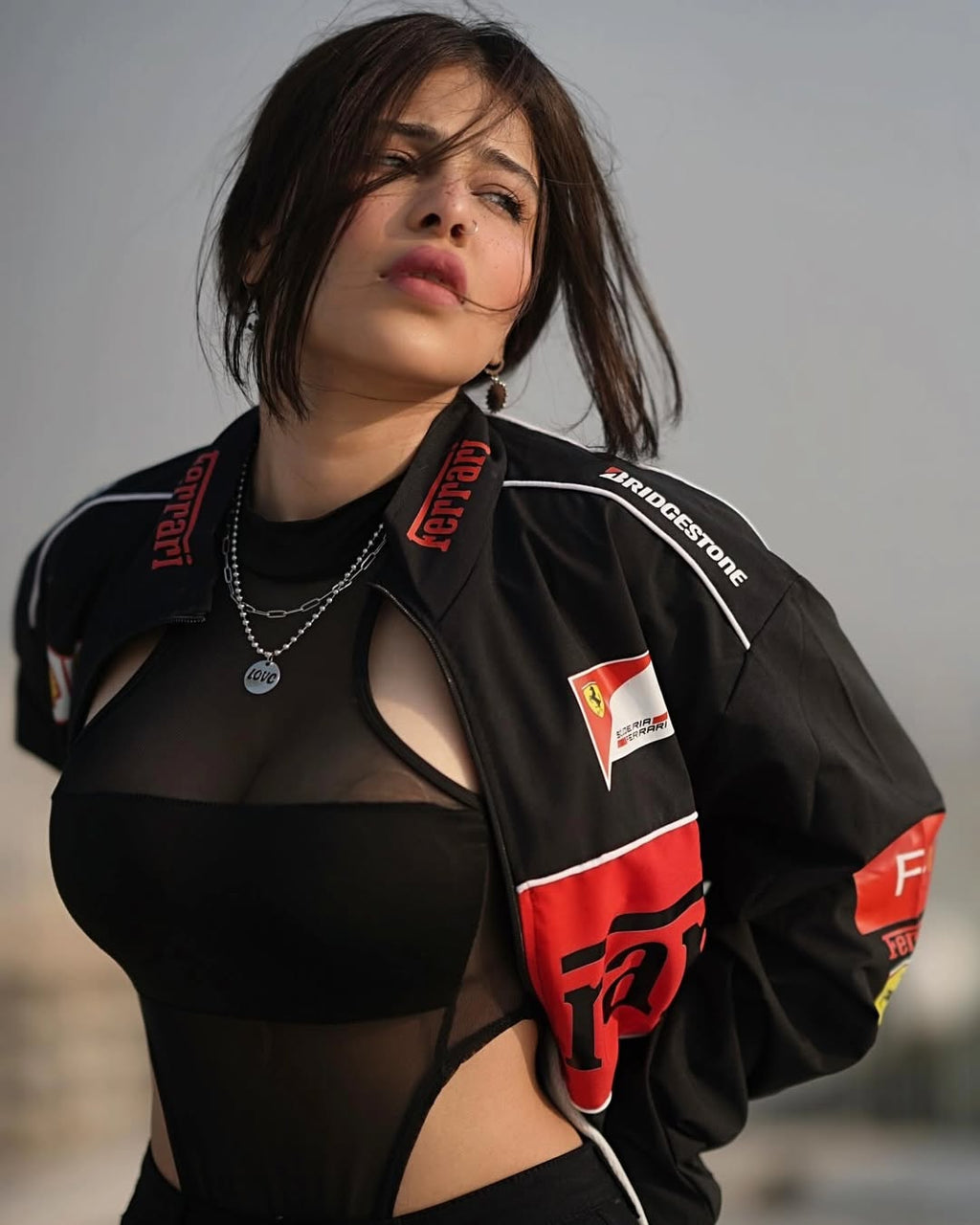 Full Back View of Black Ferrari F1 Streetwear Jacket - Heavyweight Construction