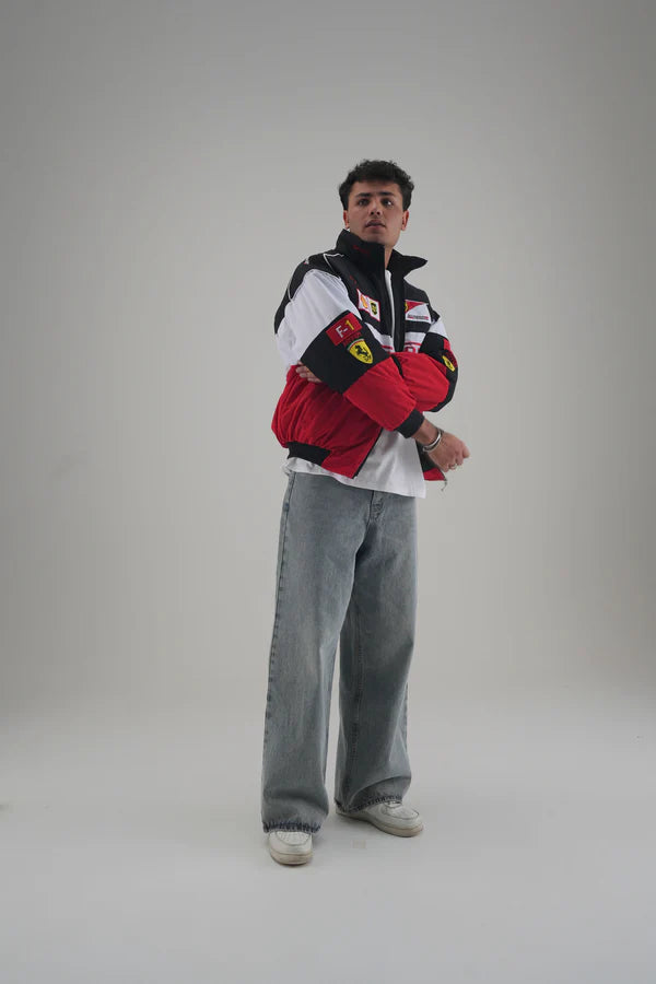 Flat Lay Shot of Premium Black Ferrari F1 Embroidered Jacket by Streetbred India