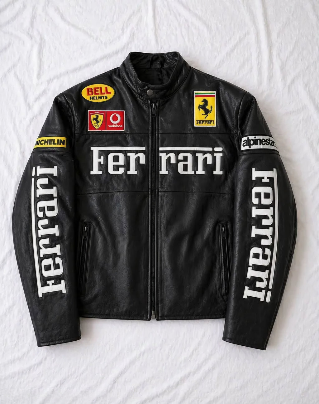 Front mockup view of the Black Ferrari Synthetic Leather Jacket by Streetbred, showing the straight hem layout and embroidered racing patches.