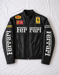 Front mockup view of the Black Ferrari Synthetic Leather Jacket by Streetbred, showing the straight hem layout and embroidered racing patches.