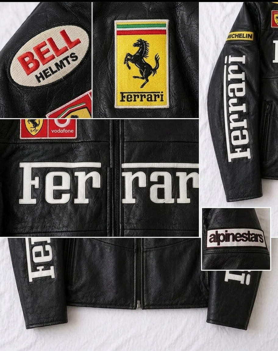Macro close-up of the Black Ferrari Synthetic Leather Jacket by Streetbred, specifically highlighting the premium high-density embroidery and synthetic PU leather grain.
