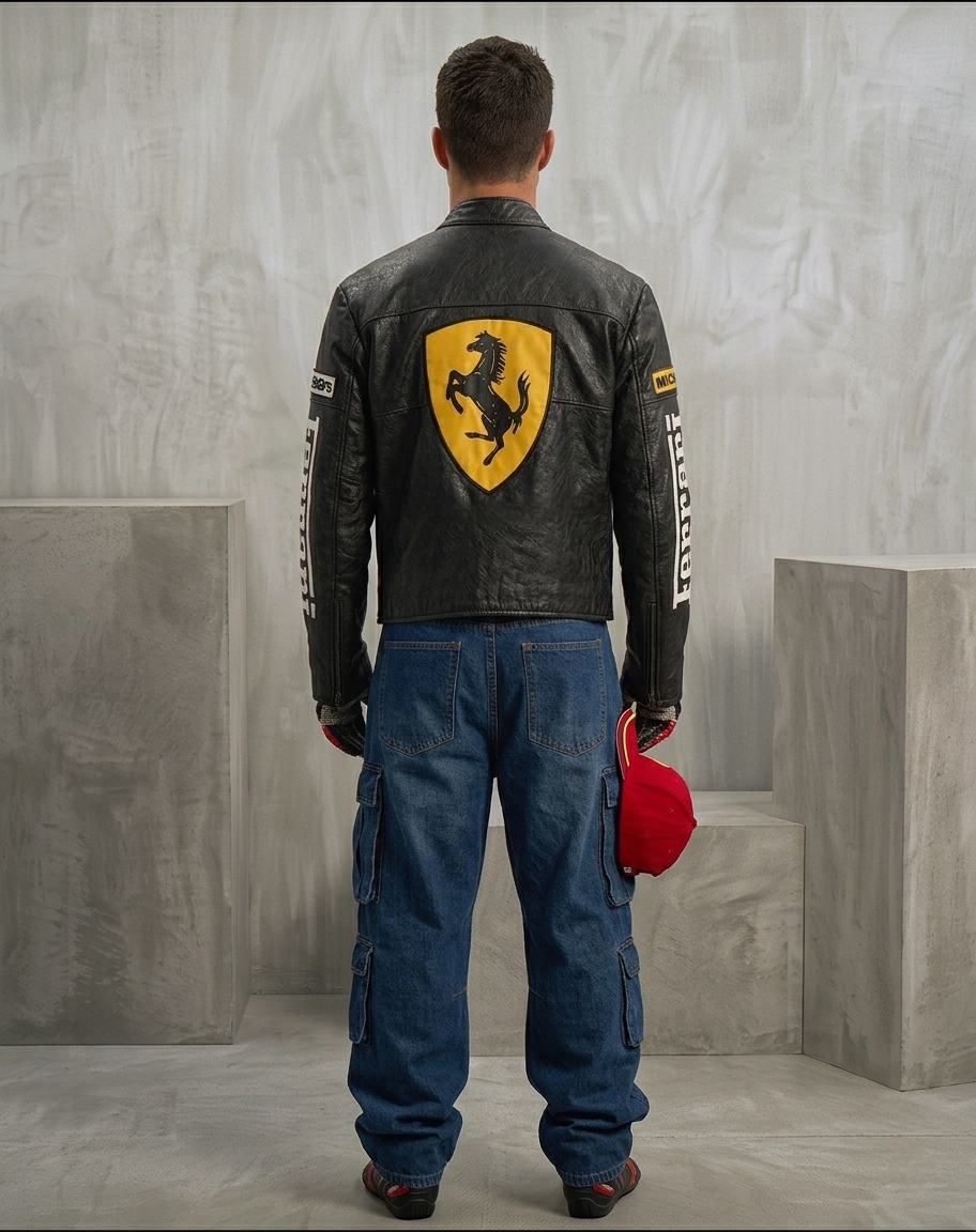 Back view of a man wearing the Black Ferrari Synthetic Leather Jacket by Streetbred, highlighting the massive embroidered Ferrari logo on the back.