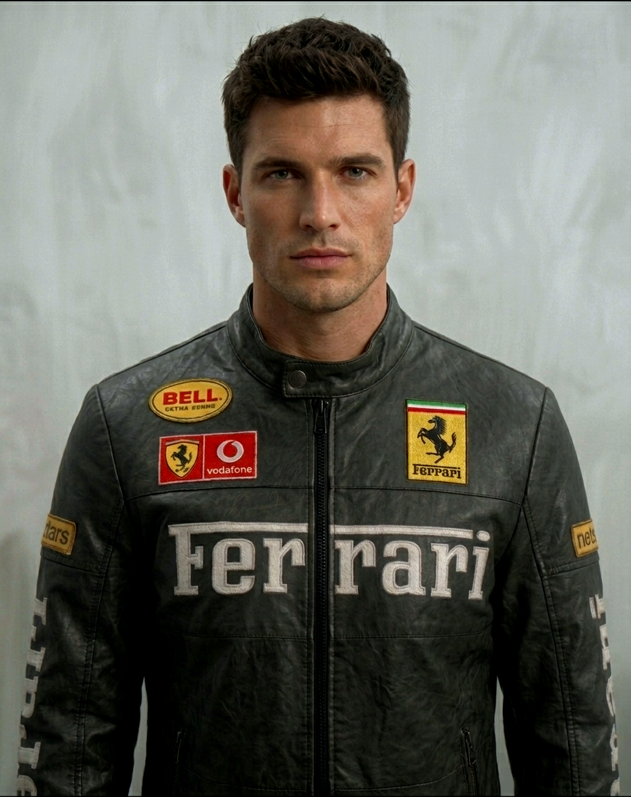 man modeling the front of the Black Ferrari Synthetic Leather Jacket by Streetbred, showing the authentic F1 classic biker fit and sleek straight hem