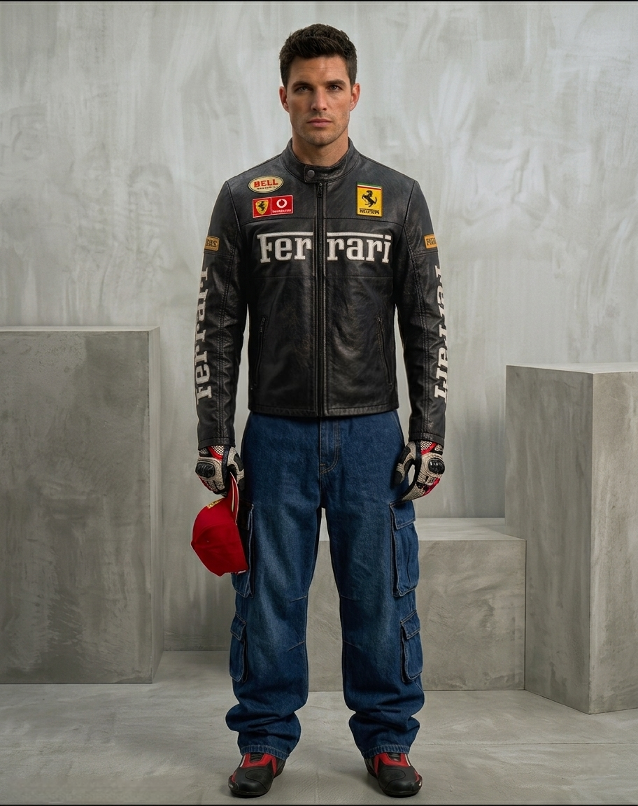 Streetwear styling of the Mens Black Ferrari Synthetic Leather Jacket by Streetbred, featuring heavy-duty front zippers and premium embroidered sponsor logos.