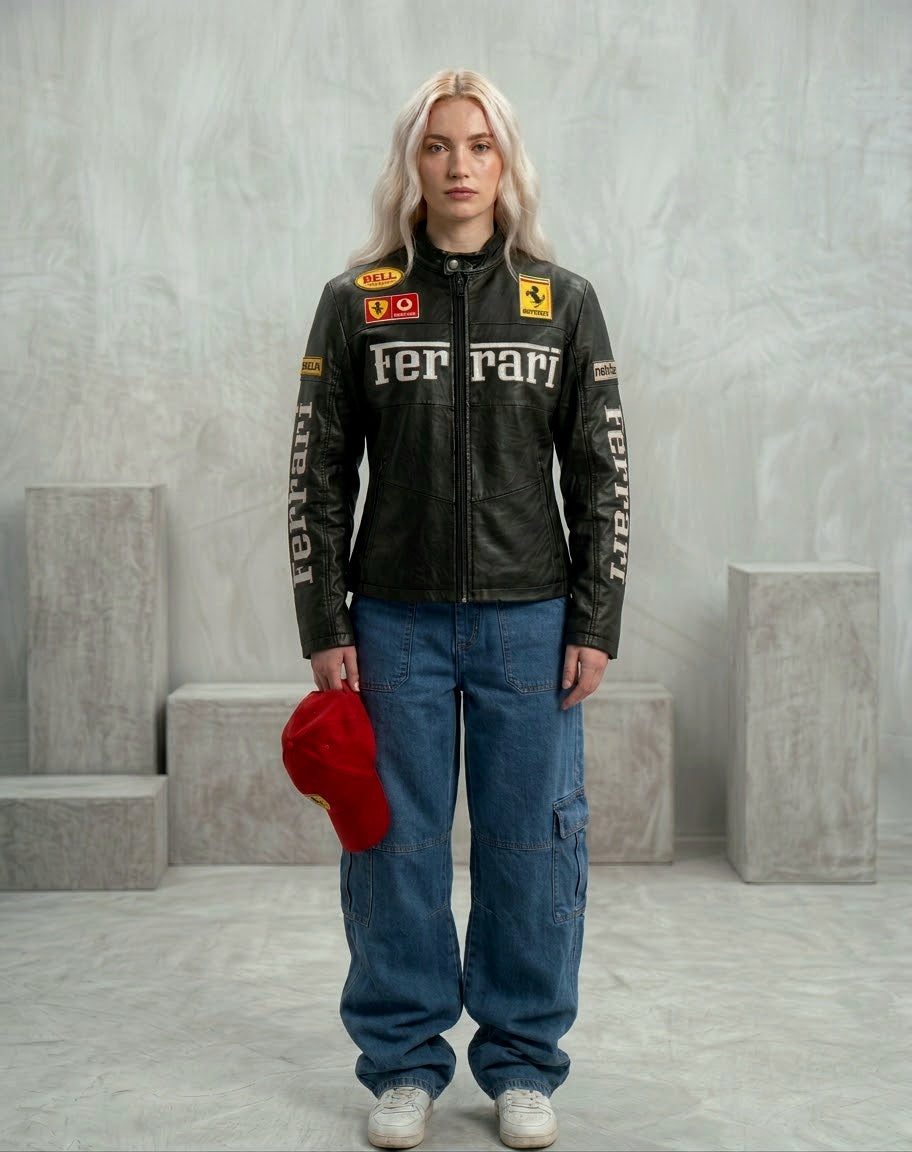 Woman wearing the Black Ferrari Synthetic Leather Jacket by Streetbred, featuring a classic straight hem and authentic F1 motorsport aesthetic.