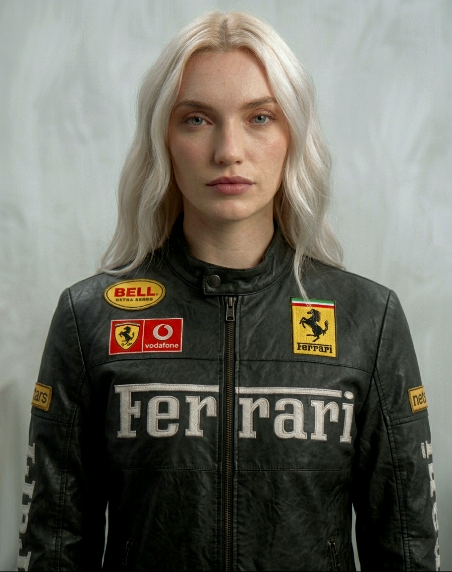 Streetwear styling of the unisex Black Ferrari Synthetic Leather Jacket by Streetbred on a female model, highlighting the sleek biker fit.