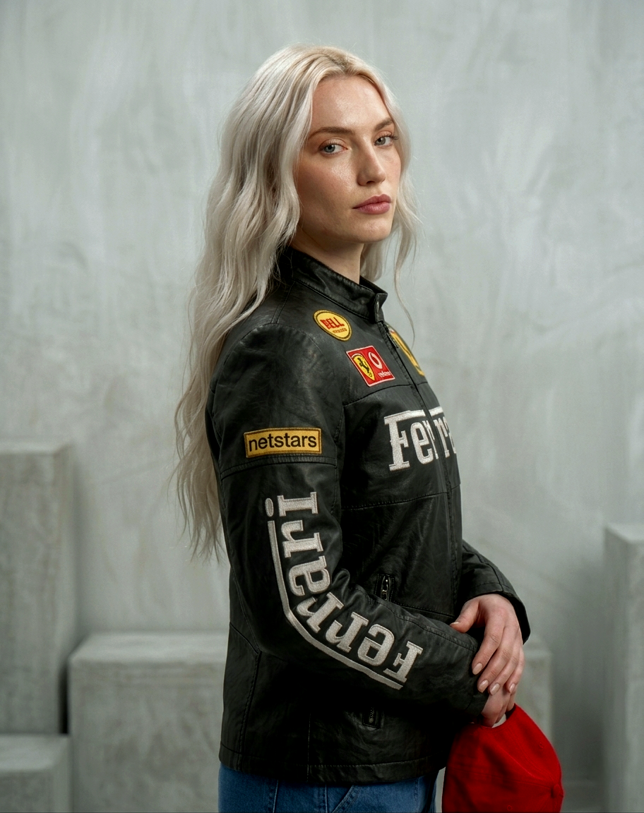 Female model showcasing the Black Ferrari Synthetic Leather Jacket by Streetbred, demonstrating the versatile oversized racing streetwear look.