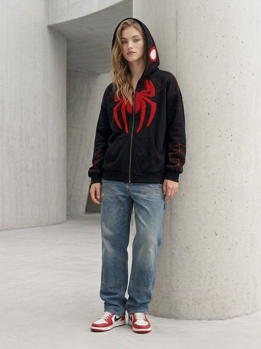 Streetbred black Spiderman embroidered hoodie on a female model highlighting the baggy Y2K grunge aesthetic.