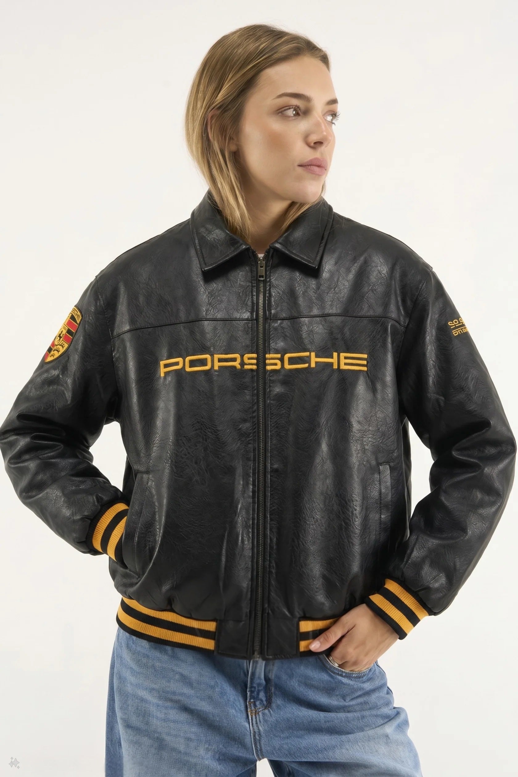 Woman styling the Black Porsche 993 Leather Jacket by Streetbred, demonstrating the trendy oversized unisex streetwear fit.