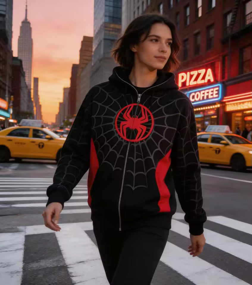 Gothic Web 3D Puff Print on the Back of Black Spider Man Hoodie