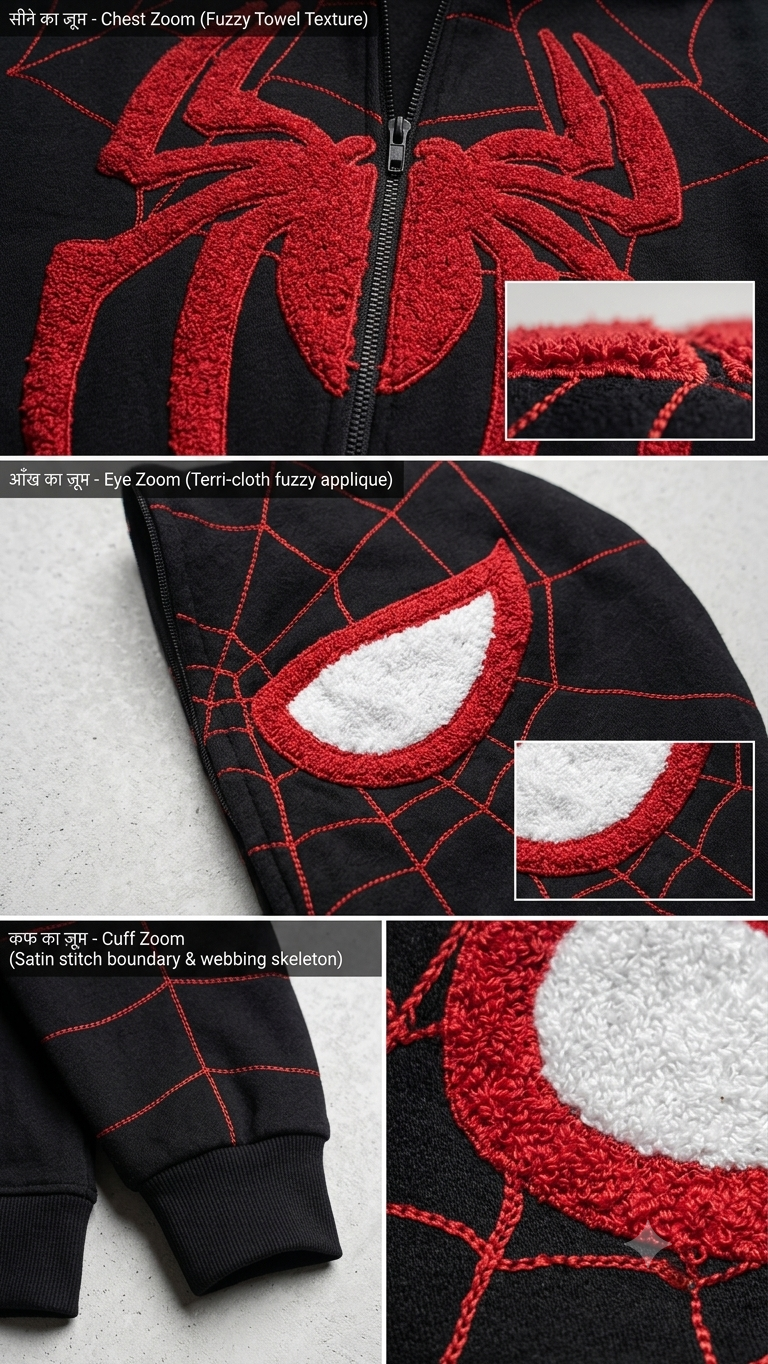 Close-up macro shot showing the premium 3D chenille embroidery spider web detail on heavy black fleece
