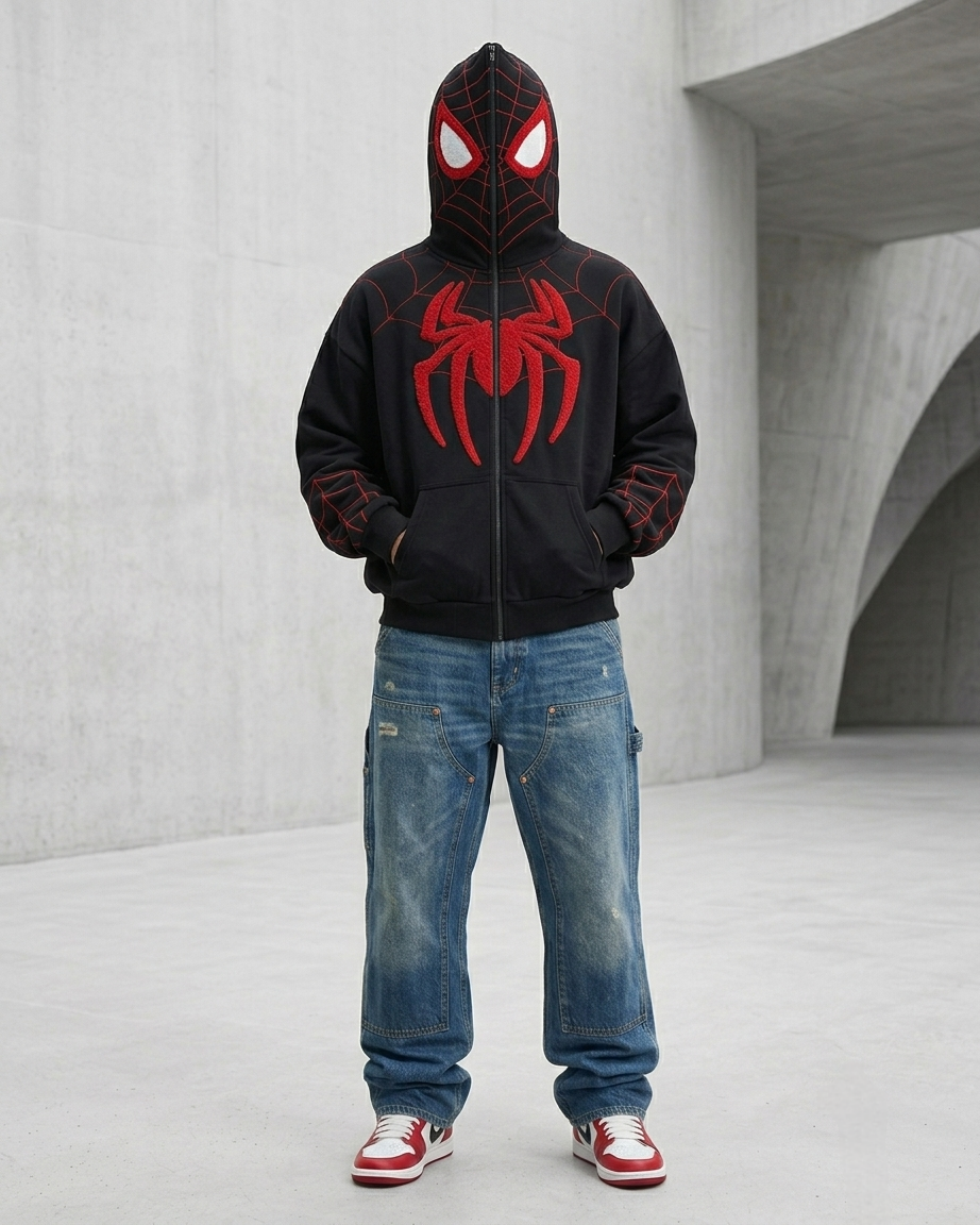 Unisex stealth black Spiderman embroidered zip-up hoodie featuring an oversized Y2K drop-shoulder fit by Streetbred.