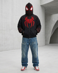 Unisex stealth black Spiderman embroidered zip-up hoodie featuring an oversized Y2K drop-shoulder fit by Streetbred.