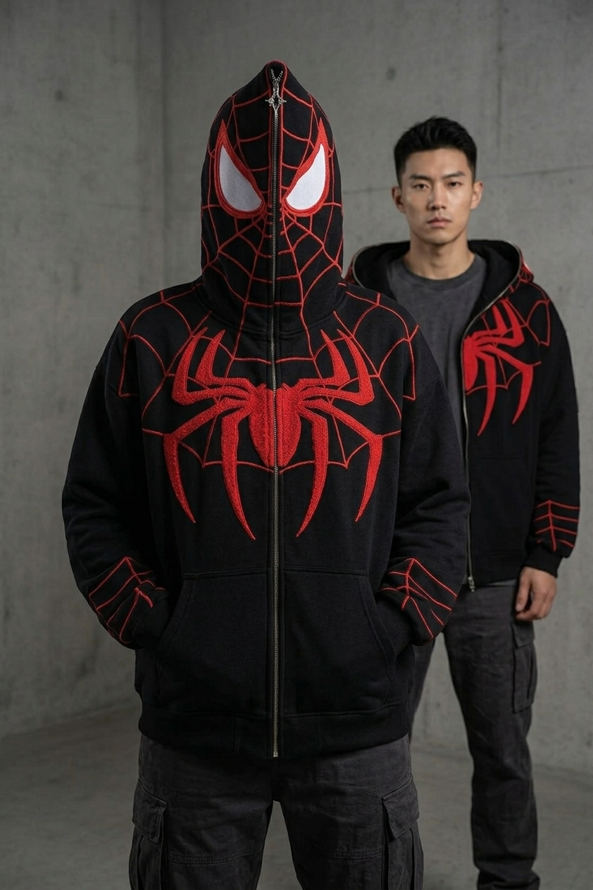 Male and female models wearing matching oversized black Spiderman embroidered zip-up hoodies together by Streetbred.