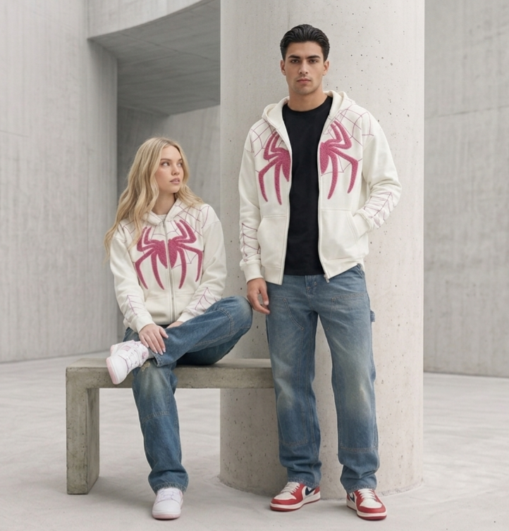 Male and female models wearing matching oversized white Spiderman embroidered zip-up hoodies together by Streetbred.