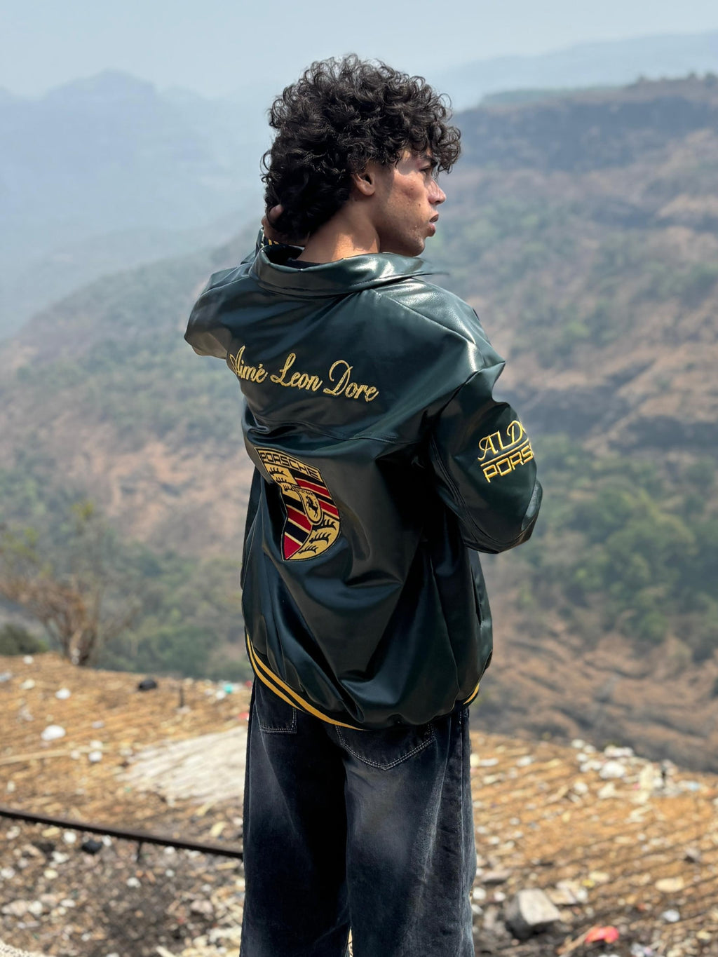Bikercore streetwear aesthetic featuring the green Porsche motorsport racing jacket
