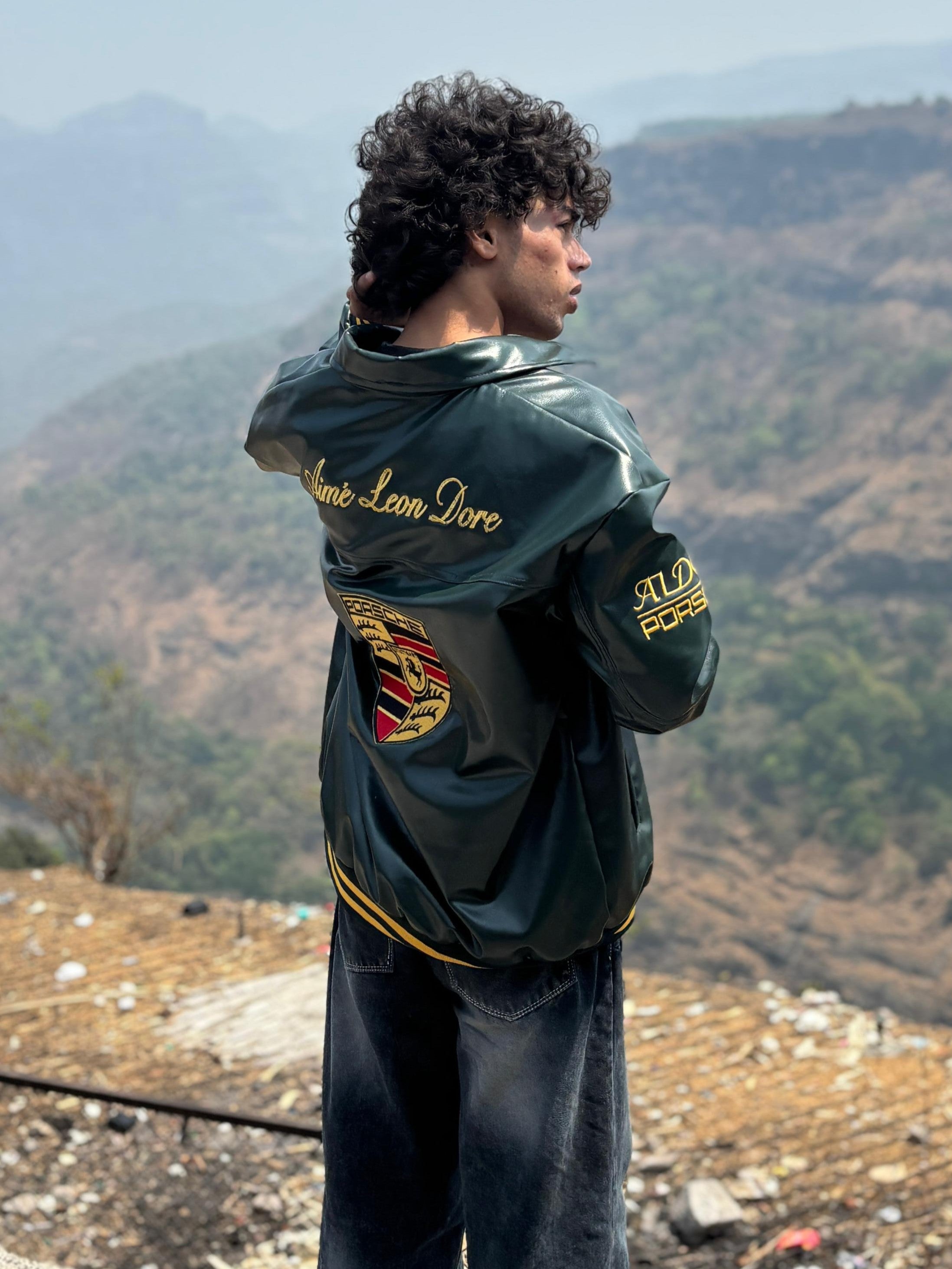 Bikercore streetwear aesthetic featuring the green Porsche motorsport racing jacket
