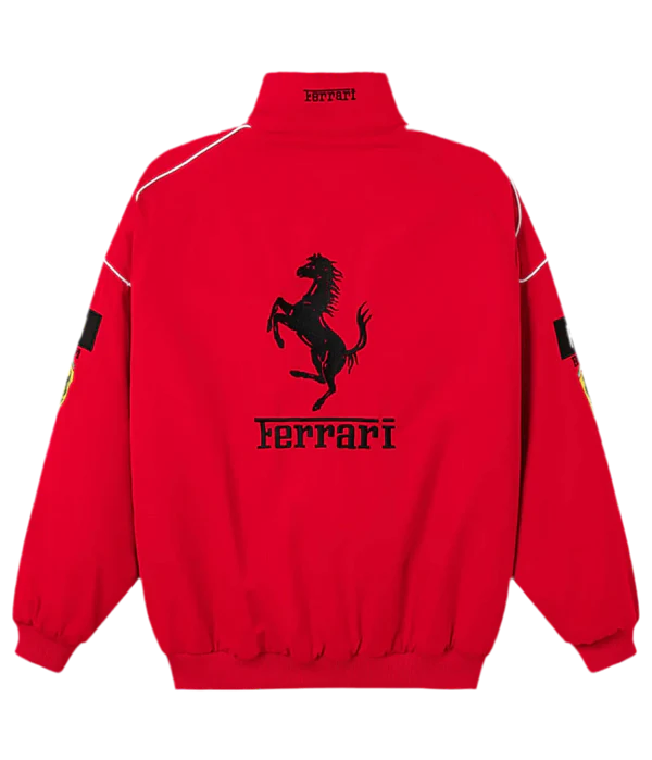 Ferrari Embroidered Jacket Back Flat Lay Showing Prancing Horse and High-Neck Collar
