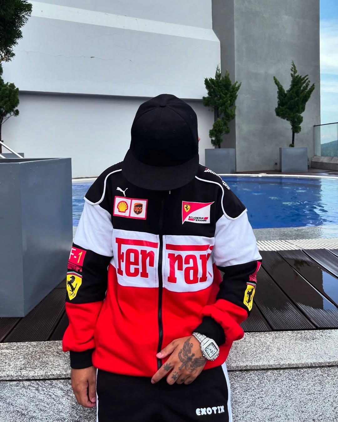 Ferrari F1 Jacket Back Graphic and Red-Black Contrast Panels View
