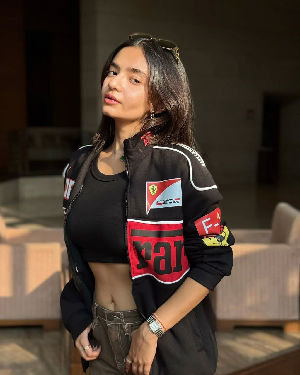Close-up of F1 Inspired Branding on Black Ferrari Jacket - High-Density Embroidery