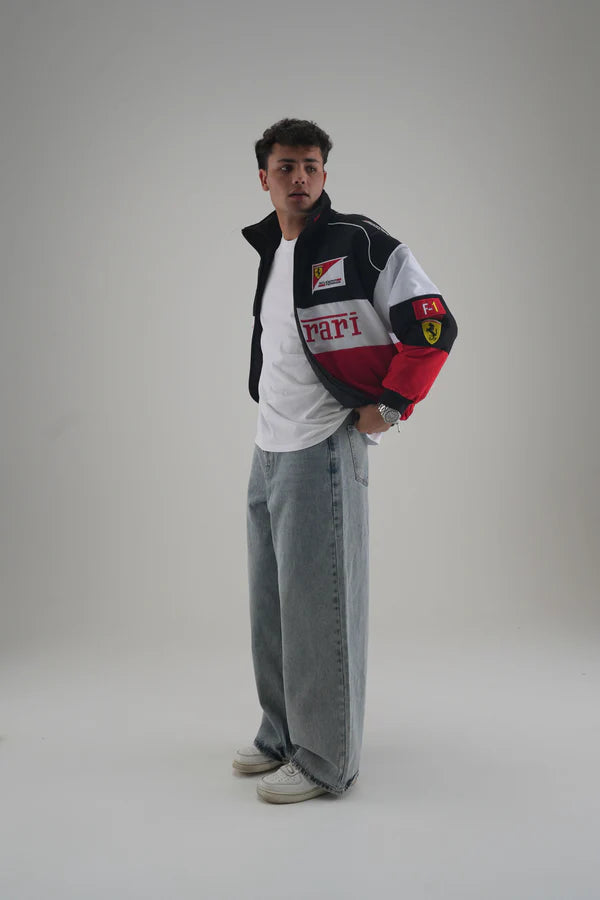Motorsport Streetwear Side Profile styling the Ferrari Jacket with Sleeve Patches