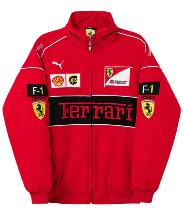 Ferrari Embroidered Jacket Front Flat Lay Showing Sponsor Patches and F-1 Insignia
