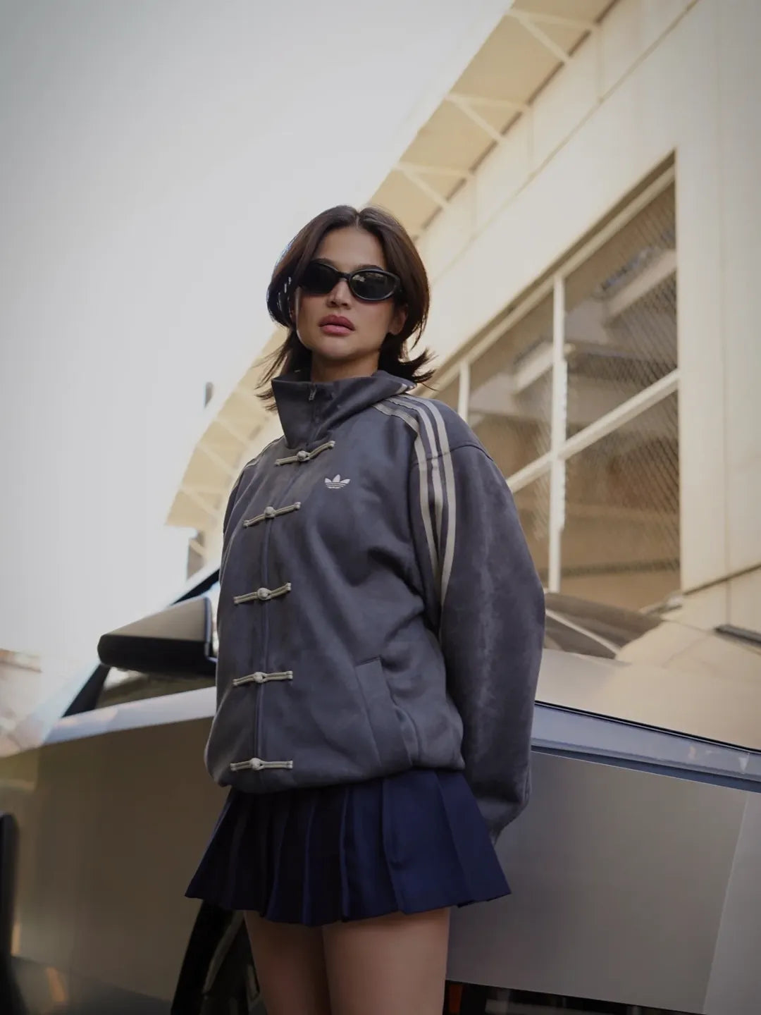 Heavyweight Grey Adidas CNY Jacket - 420 GSM Vegan Suede Fabric Texture