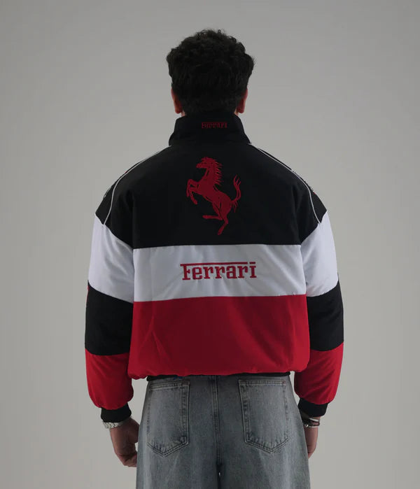 Close Up Detail of High Density Ferrari and Racing Chest Embroidery on Jacket