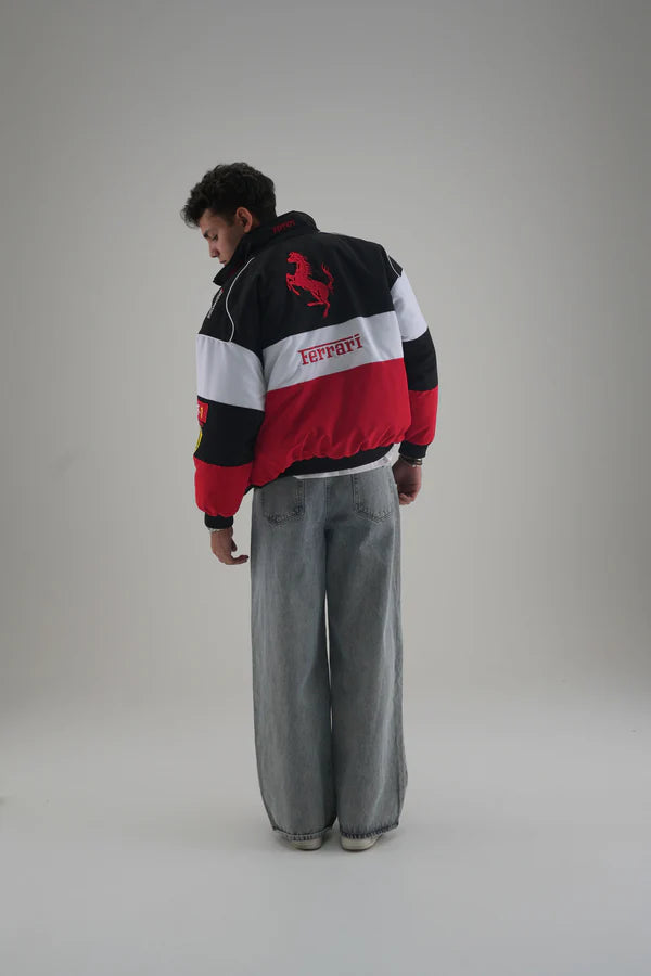 Urban Outfit Idea Styling the Oversized Black Ferrari Racing Jacket with Baggy Jeans